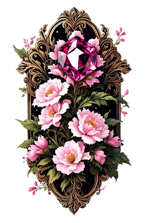 Pink Sapphire With White Gold With Pink Flowers In Background