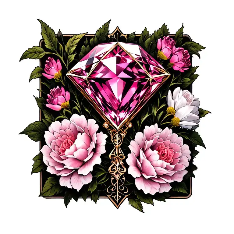 Pink Sapphire With White Gold With Pink Flowers In Background