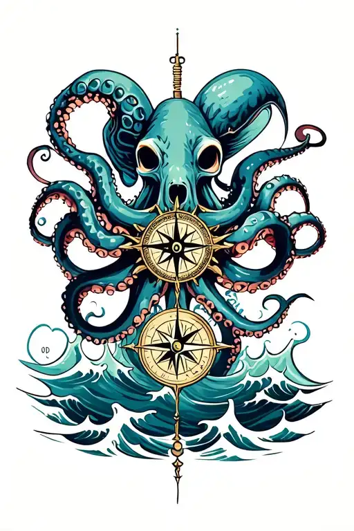 Mean Kracken Octopus In Ocean With Nautical Compass In Middle With Waves