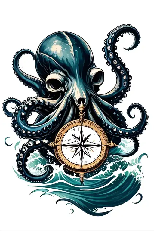 Mean Kracken Octopus In Ocean With Nautical Compass In Middle With Waves