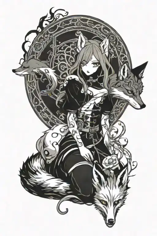 Fox Kitsune With A Girl In A Kimano Stands Near The Beautiful