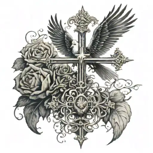 Cross Standing While Dove Flying Towards Love