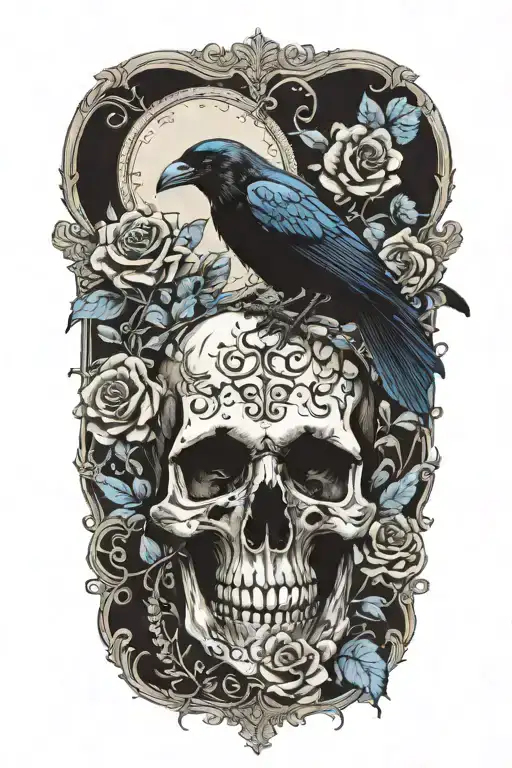 Raven On Skull With Blue Roses