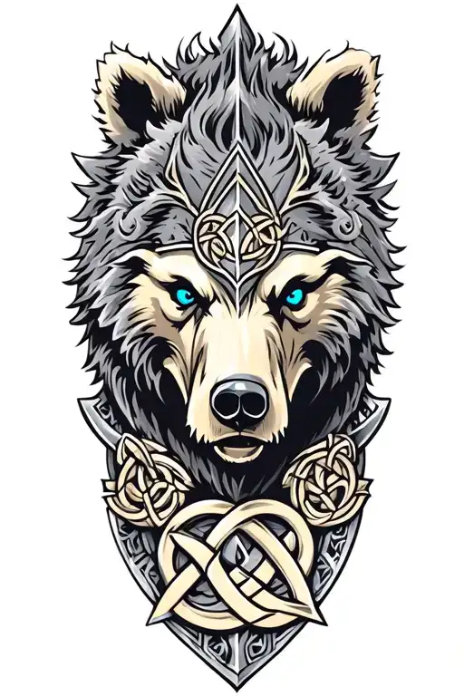 Bear With Blue Eyes On Armor Tattoo Design Featuring Celtic Trinity Knot