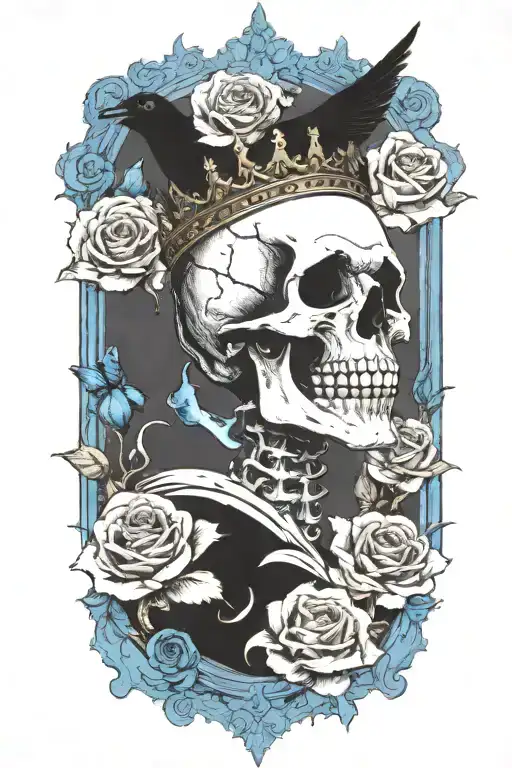 Skull Wearing Crown With Raven On Skull And Blue Roses