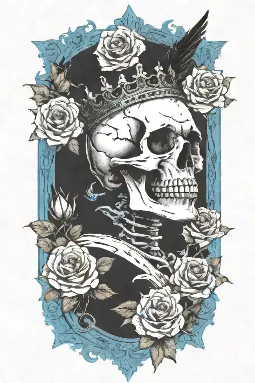 Skull Wearing Crown With Raven On Skull And Blue Roses