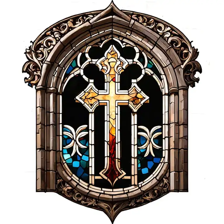 Gothic Cathedral Stained Glass Window With Orthodox Cross