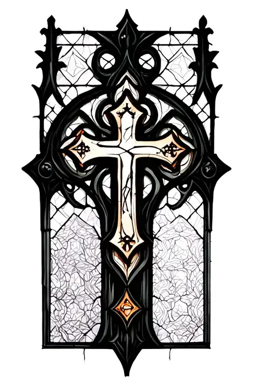 Gothic Cathedral Stained Glass Window With Orthodox Cross