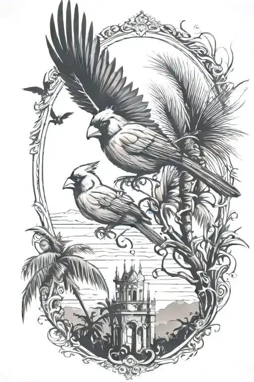 Cardinal Flying Towards A Palm Tree