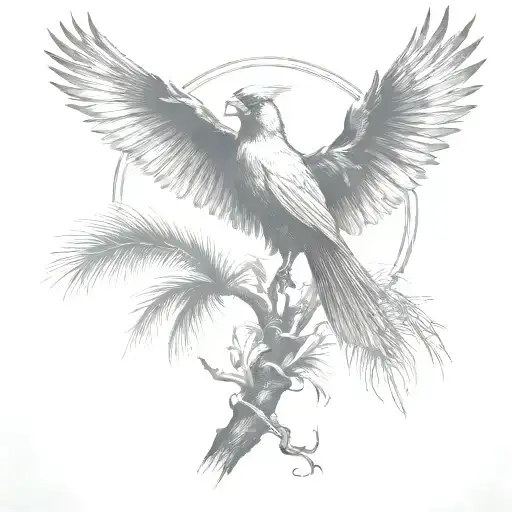 Flying Cardinal And Palm Tree