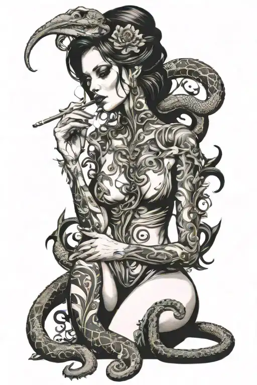 Nude Girl Smoking Weed Snake Wrapped