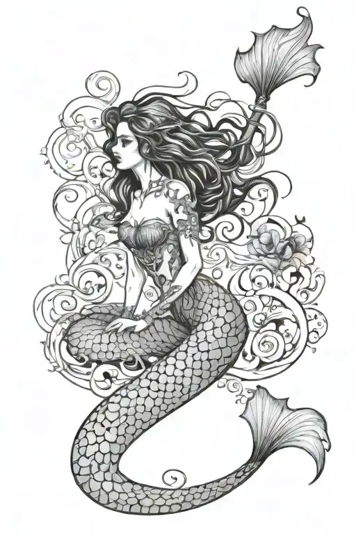 Mermaid Full Body Fineline Tattoo Design