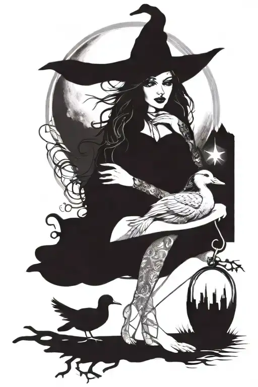 Sexy Witch With Moon Behind Holding A Duck