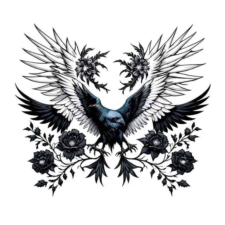 Raven Flying Wings Out And Black Flowers