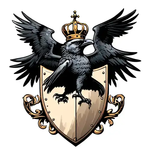 Coat Of Arms Style Shield With A Flying Crow Carrying A Crown In The Center Of The Shield