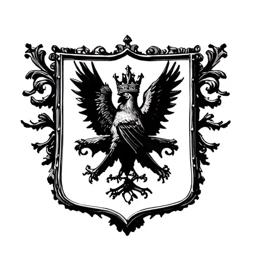 Coat Of Arms Style Shield With A Flying Crow Carrying A Crown In The Center Of The Shield