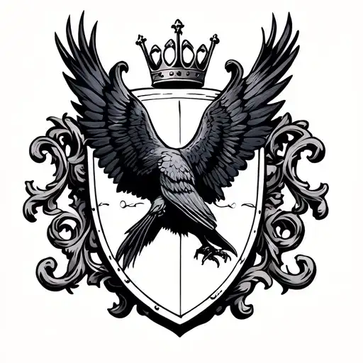 Coat Of Arms Style Shield With A Flying Crow Carrying A Crown In The Center Of The Shield
