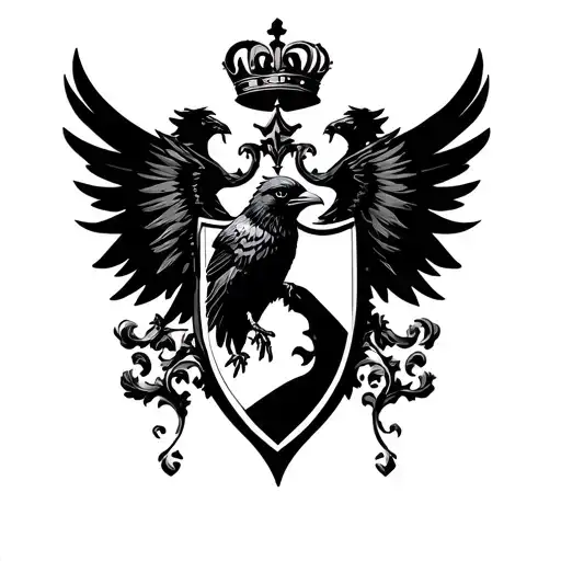 Coat Of Arms Style Shield With A Flying Crow Carrying A Crown In The Center Of The Shield