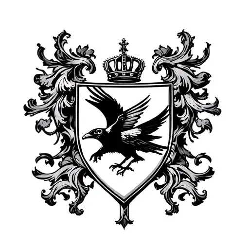 Coat Of Arms Style Shield With A Flying Crow Carrying A Crown In The Center Of The Shield