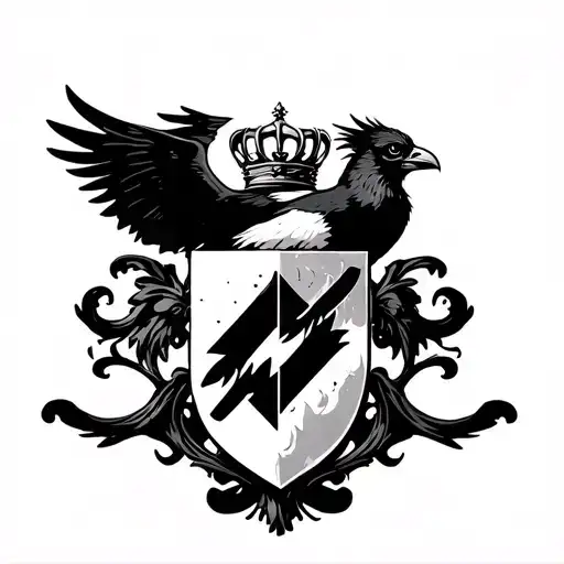 Coat Of Arms Style Shield With A Flying Crow Carrying A Crown In The Center Of The Shield