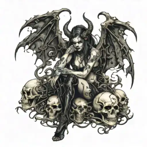 Partially Nude Female Demon Seated On A Big Thrown Made Of Skulls