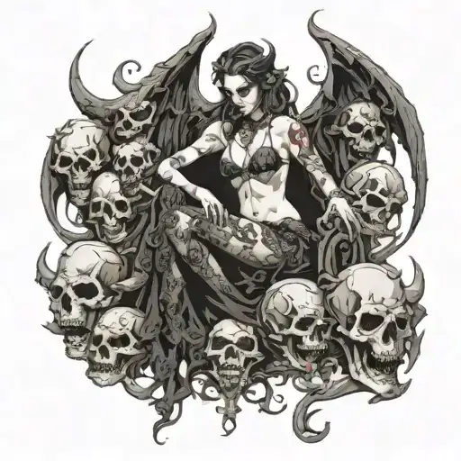 Partially Nude Sexy Female Demon Seated On A Big Thrown Made Of Skulls