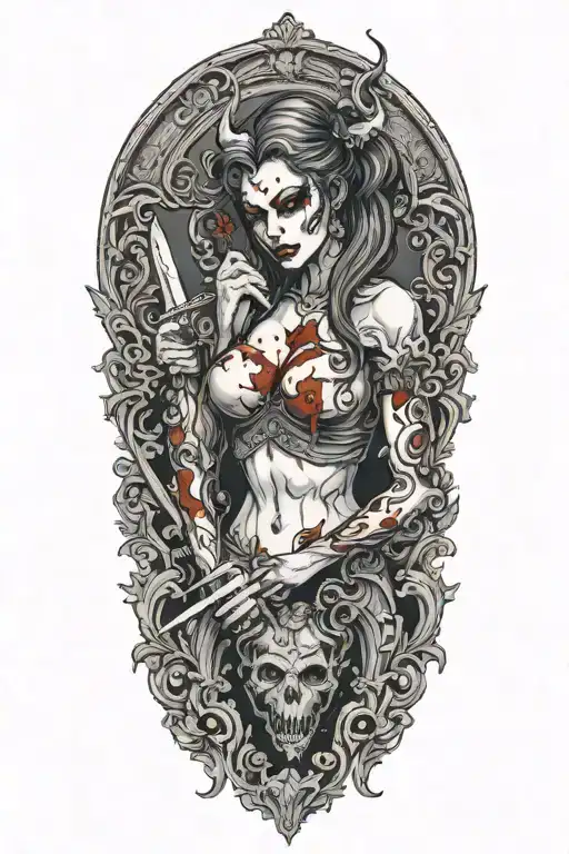 Sexy Partially Nude Demon Woman Stabing A Beating Human Heart With A Kitchen Knife