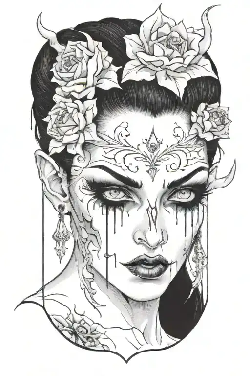 Sexy Partially Nude Demon Woman Bleeding From Eyes