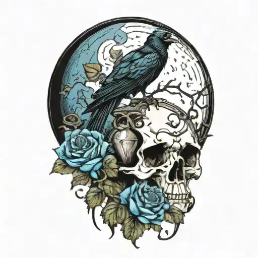 Moon And Raven Perched On A Skull With Blue Roses