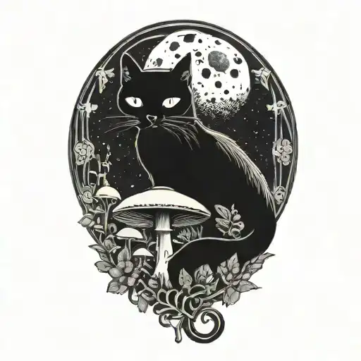 Black Cat And Magic Mushroom With Moon