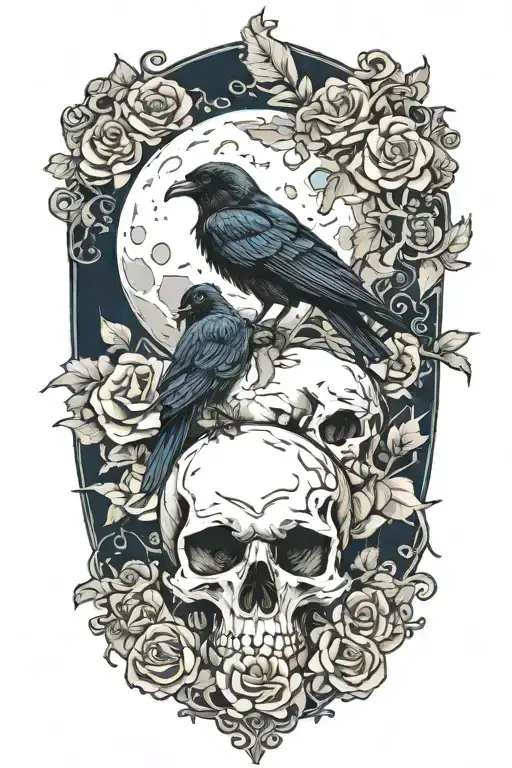 Moon And Raven Perched On A Skull With Blue Roses