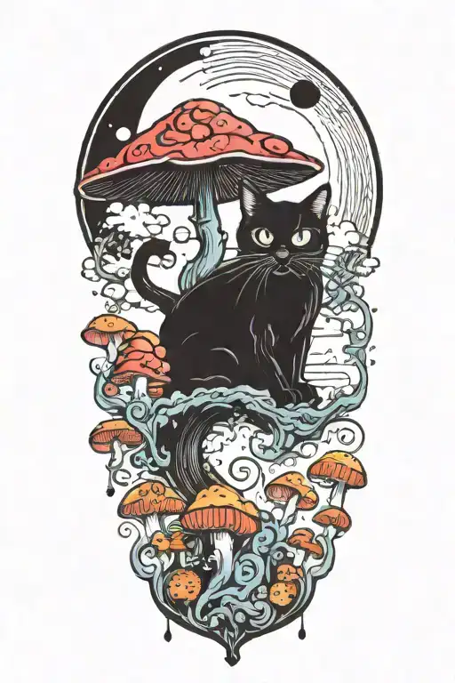 Black Cat With 3 Eyes And Trippy Colorful Mushrooms With Moon Melting