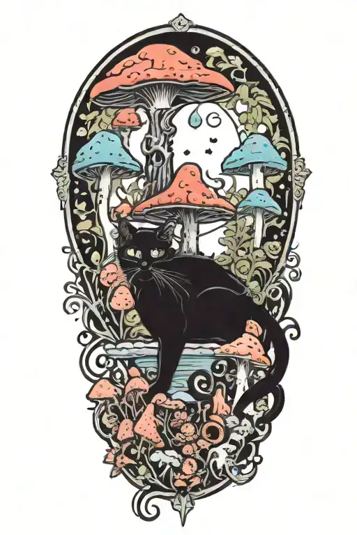 Black Cat And Trippy Colorful Mushrooms With Moon Melting