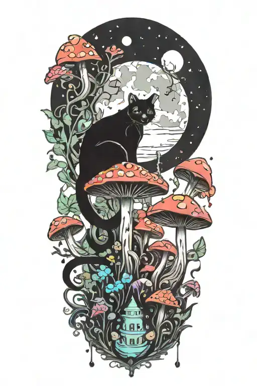 Black Cat And Trippy Colorful Mushrooms With Moon Melting