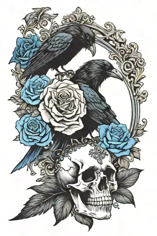 Raven Wearing Crown With Blue Rose And Skull