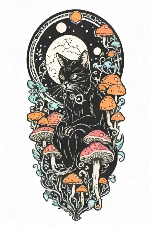 Black Cat And Trippy Colorful Mushrooms With Moon Melting