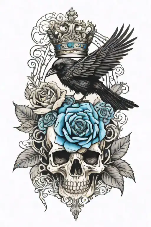 Raven Wearing Crown With Blue Rose And Skull