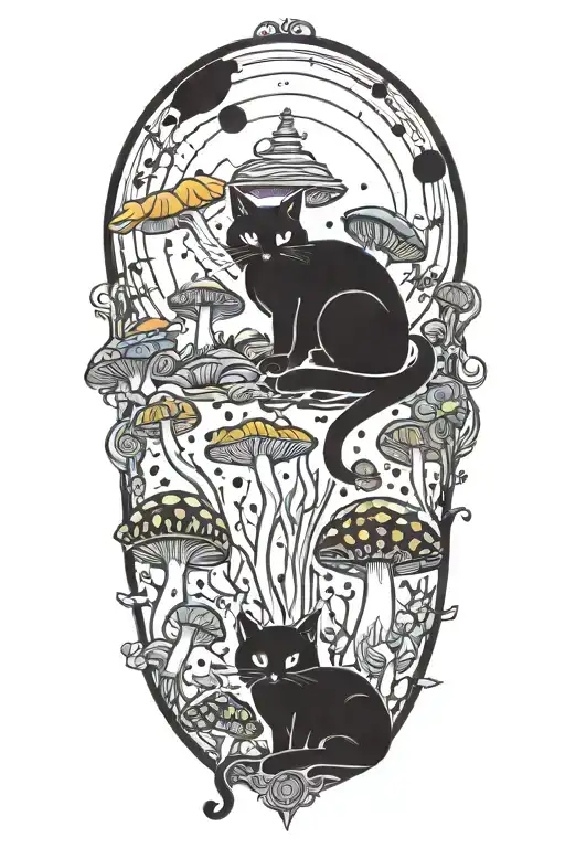 Black Cat And Trippy Colorful Mushrooms With Moon Melting