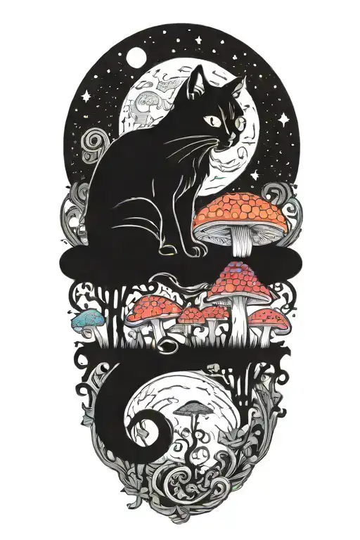 Black Cat And Trippy Colorful Mushrooms With Moon Melting