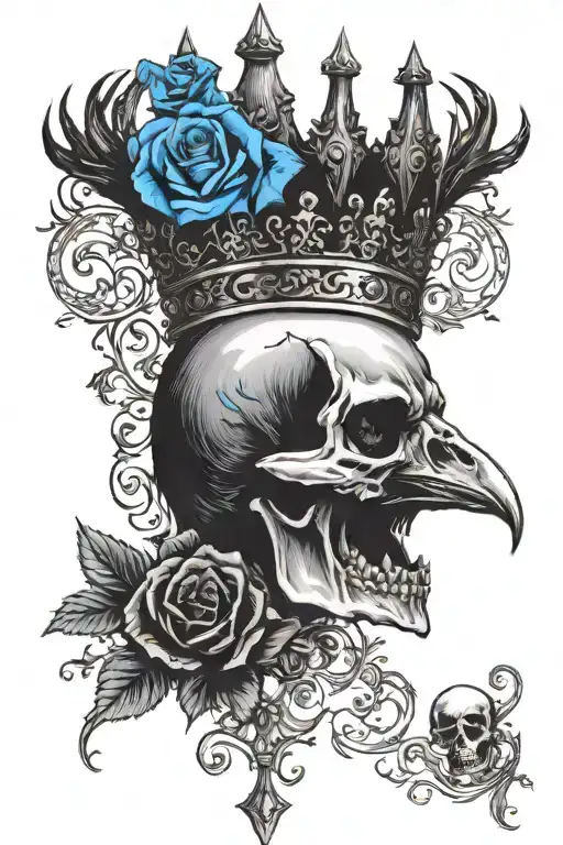 Raven Wearing Crown With Blue Rose And Skull