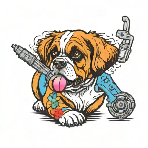 St Bernard Dog Cartoon Character Using A Tattoo Gun