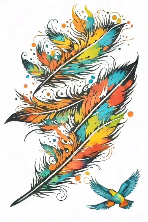 Watercolor Feather With Birds Fling Out Of Feather
