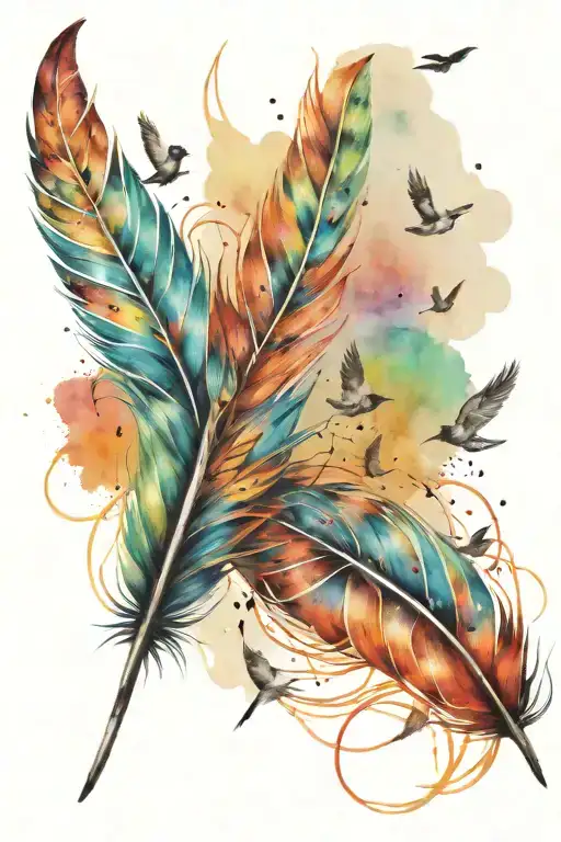 Watercolor Feather With Birds Fling Out Of Feather
