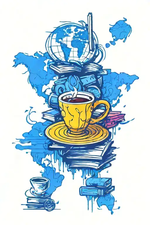 A Coffee Cup Morphing Into A Stack Of Books With A World Map In The Background