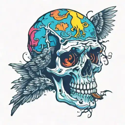 Skull With Eyes And Rotten Skin And Crow Eating The Skin