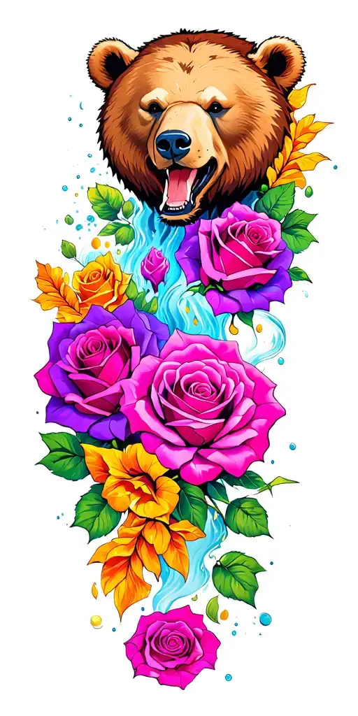 Bear Head At The Top Roses In Middle A Flowing River