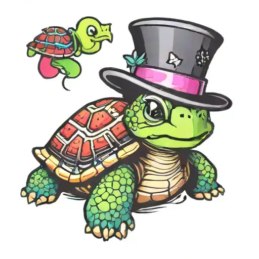 A Small Cute Happy Turtle With A Top Hat