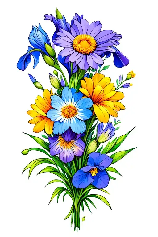 Boquet With Aster And Iris And Sweet Pea Flower