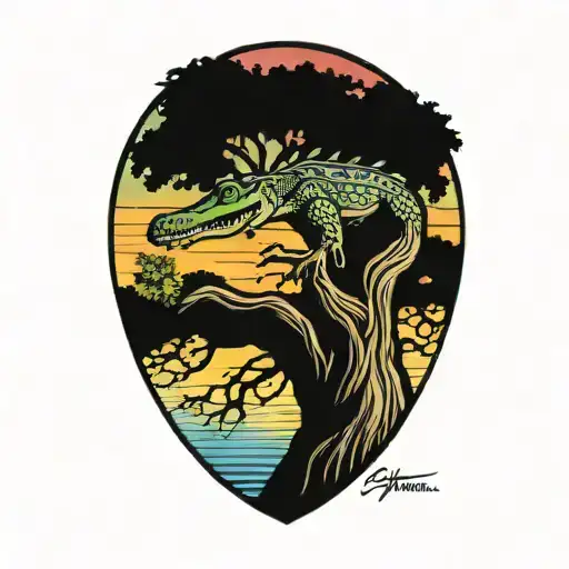 Alligator Under Live Oak Tree With Spanish Moss At Sunset