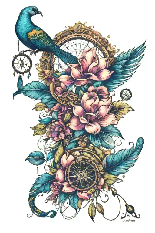Magnolia Flower With Peacock And Dreamcatcher Hanging